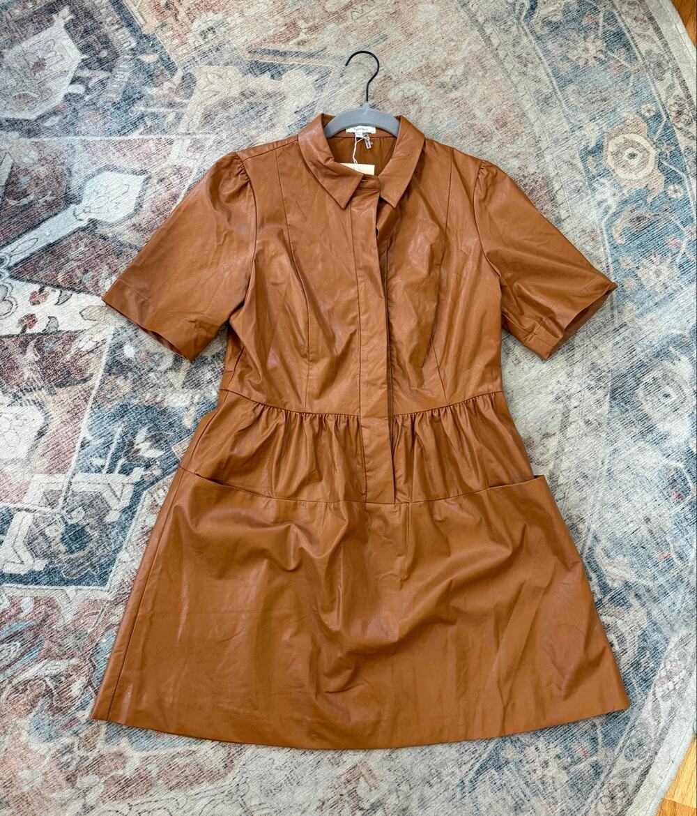 Tyler Böe NWT Mitzi Vegan Leather Dress in Pecan Brown Tan, Sz Medium, MP $208